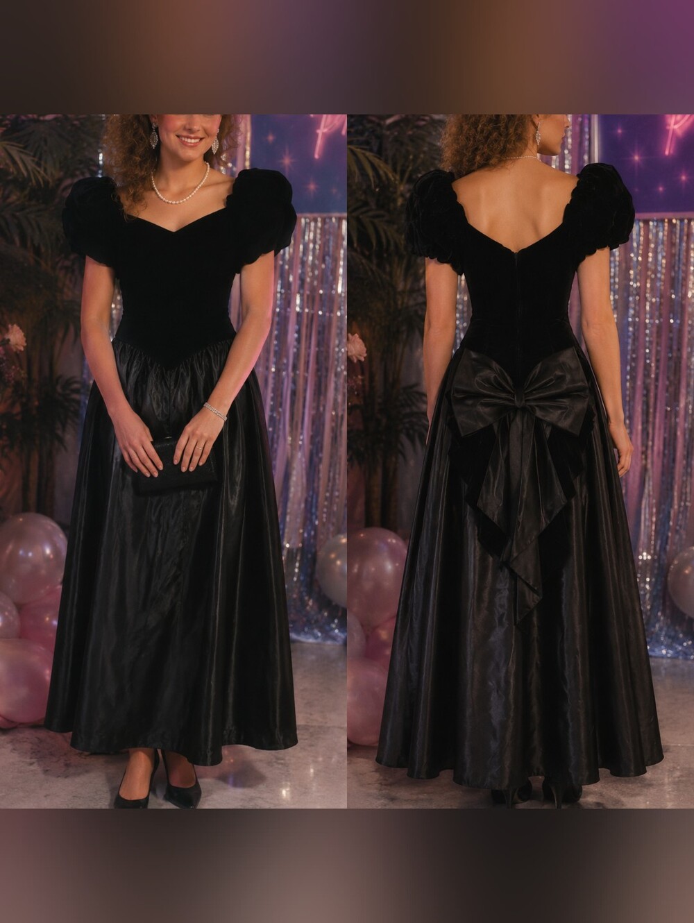Unbranded Vintage 80s Black Velvet & Satin Bridesmaid Party Prom Dress sz 5/6